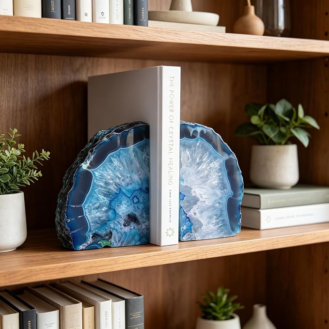 Natural Teal Dyed Agate Geode Bookends - 2 to 3 lb Heavy Duty Rock Crystal Stone Book Ends for Shelves, with Rubber Bumpers, Decorative Book Holders for Home Office