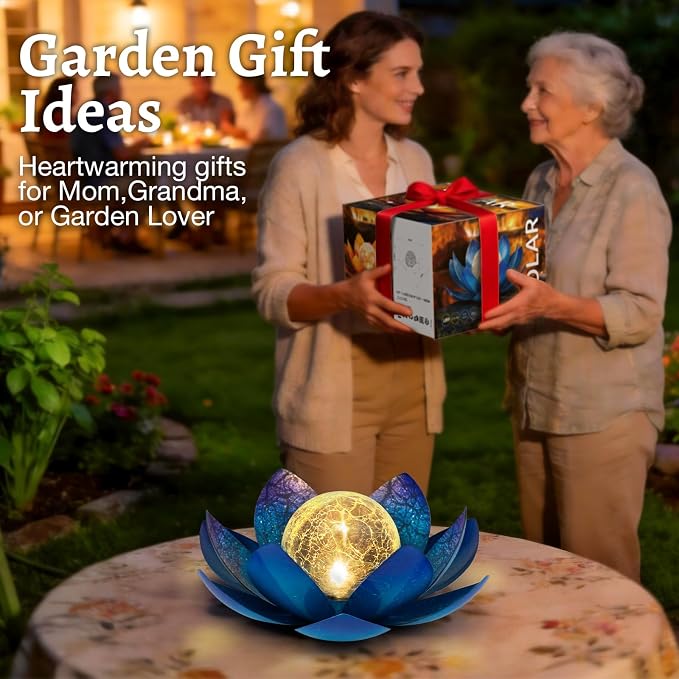 Huaxu Solar Lights Outdoor Garden Decoration Crackle Globe Glass Waterproof LED Metal Blue Lotus Flowers Gift for Mom,Women,Patio,Lawn,Walkway,Tabletop,Ground