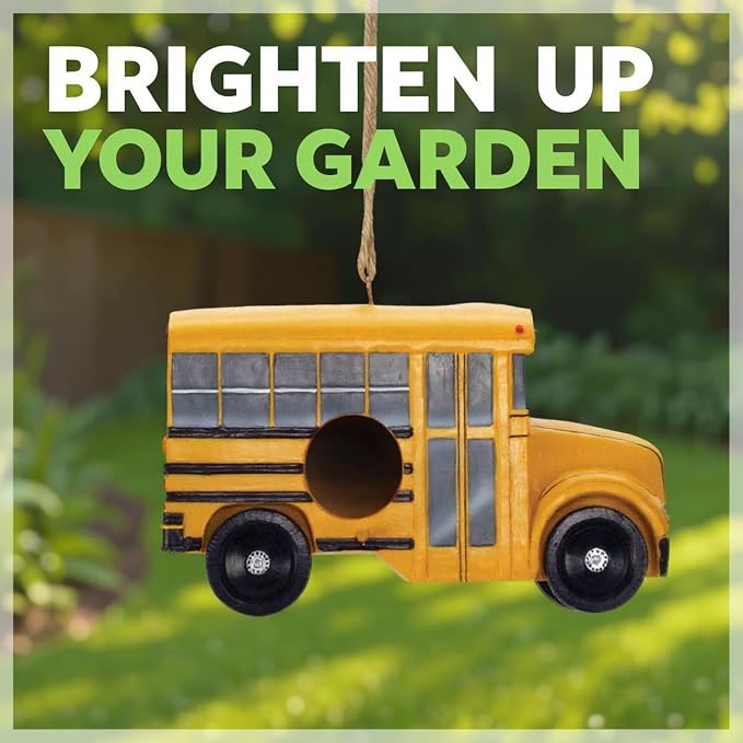 Spoontiques - Birdhouse - Garden Décor - Decorative Bird House for Yard and Garden Decoration - Hanging Novelty for Outdoor Patio - School Bus Birdhouse, Brown, (10186)