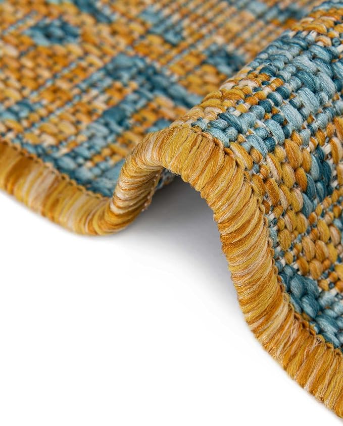 Unique Loom Jill Zarin Outdoor Collection Area Rug - Dubai (6' 7'' Round, Yellow and Aqua/ Light Blue)