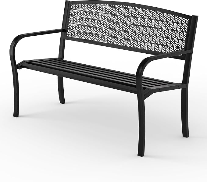 50" Outdoor Metal Garden Bench, Patio Steel Bench with Curved Backrest, Decorative Pattern, Weather-Resistant Porch Bench for Yard, Park, Deck, Backyard