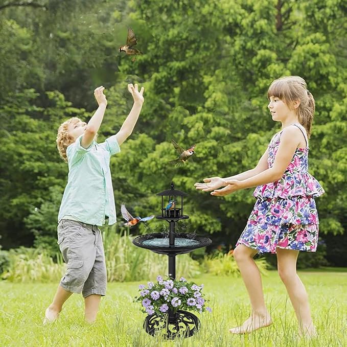 Black Bird Baths for Outdoors Plastic Bird Feeder with Flower Planter for Garden Yard Patio Balcony and Lawn Decor 27.5" | 2-in-1 Bird Bath & Feeder, Weatherproof, Ground Stakes Included, Tool-Free Assembly, Patio Lawn Decor, Gift for Garden Lovers