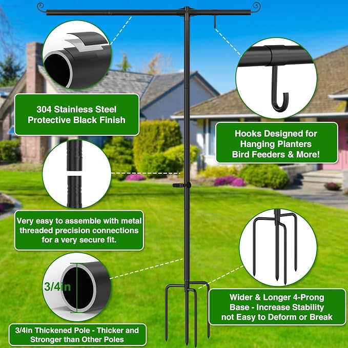 Garden Flag Stand Holder with Shepherd Hooks for 28 x 40 Flag, 63 Inch Height with 3/4 Inch Extra Thick Heavy Duty Garden Flag Pole with 4 Prong Base for Outside Home Yard Patio Decor
