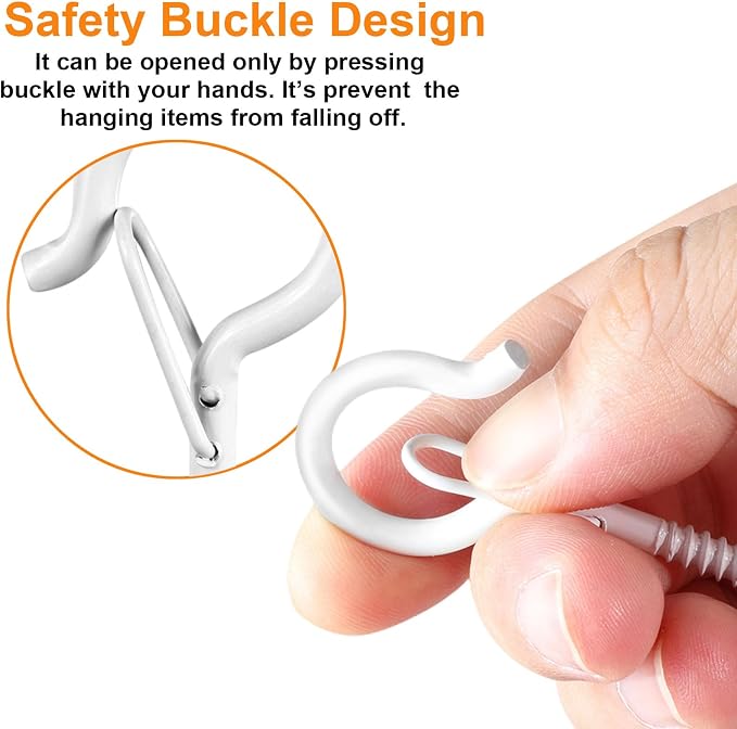 50 Pcs Screw-in Hooks for Outdoor String Lights, Q Hangers Hooks for Outside, Swivel Hanging Basket Patio Hooks with Safe Buckle, Screw in Plant Eye Hook for Wall Ceiling with 1 Wing Nut Driver, White