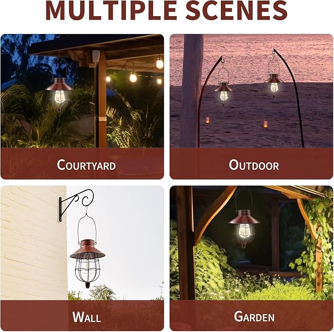 4 Pack Solar Lantern Outdoor Waterproof, Metal Solar Hanging Lamp with Warm White Bulb,Solar Lights Outdoor Design for Garden Yard Patio Proch Decor