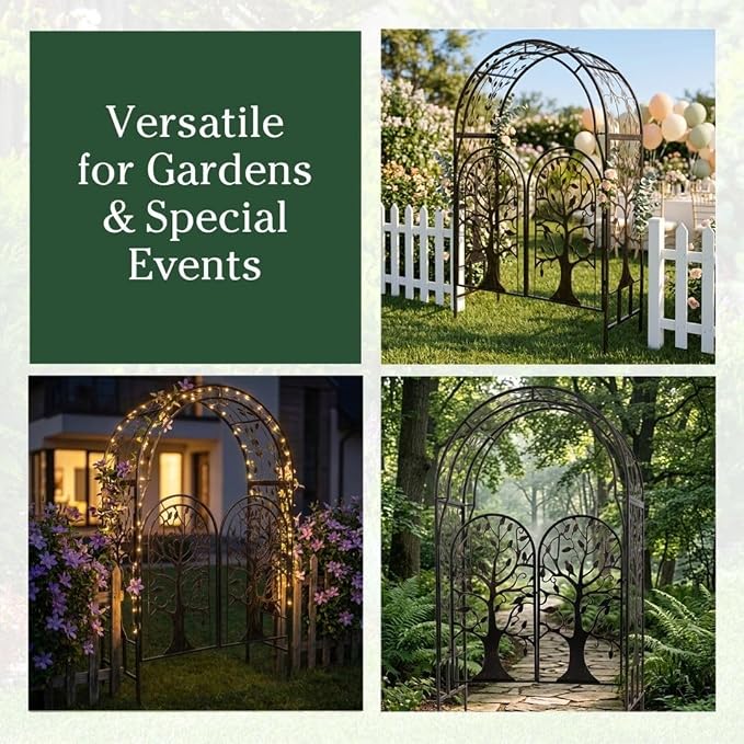 Plow & Hearth Metal Tree of Life Arched Garden Arbor with Gate | 7 feet Tall Laser-Cut Design | Plant Support for Heavy Vines | Landscape Focal Point | Iron Steel