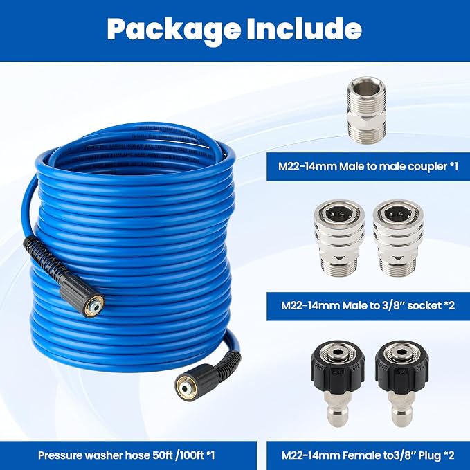 Twinkle Star Super Flexible Pressure Washer Hose 100ft, 5800 PSI Kink Resistant Power Washer Hose 1/4 in., Replacement Power Wash Hose with Stainless Steel M22 and 3/8" Quick Connection Kit
