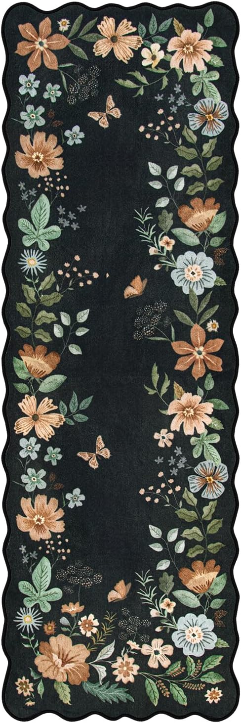 Lahome Floral Kitchen Runner, 2X6 Washable Runner Rug Non Slip Ultra-Thin, Soft Hallway Rug Stain Resistant Boho Small Low-Pile Carpet for Laundry Bathroom Bedroom Flore (2x6ft,Black/Grey)