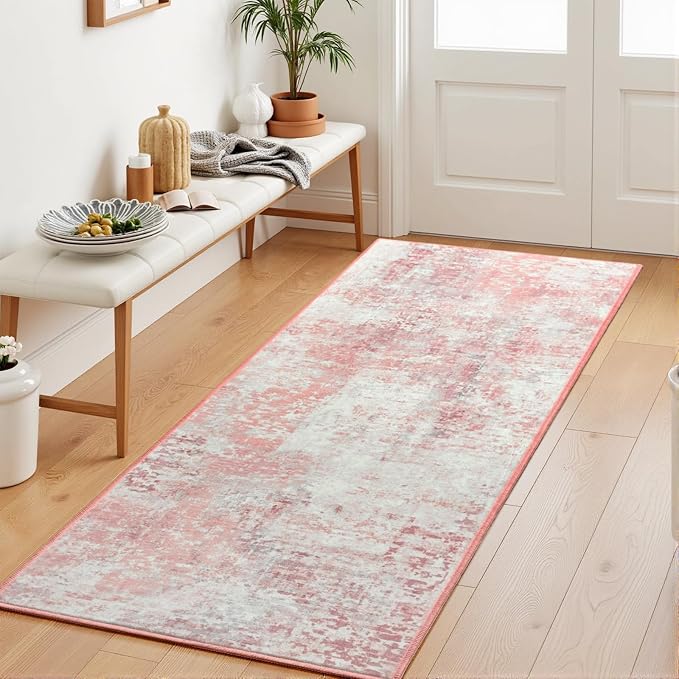 Pink Washable Runner Rug for Bedroom, Abstract Non-Slip Soft Entryway Rugs, Modern Low Pile Stain Resistant 2x6 Carpet for Entryway, Kitchen, Hallway, Bedside