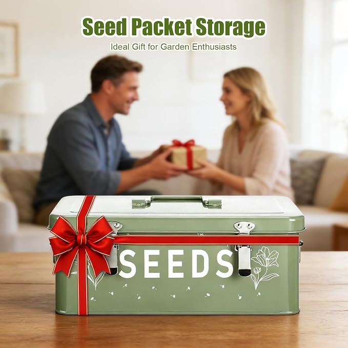 Seed box, Seed storage box, Garden seed organizer | 50 Seed Envelopes, 100 Plant Labels (5 Colors), 50 Plant Clips, 4 Compartments Garden Seed Bin with Safety Locks-Green