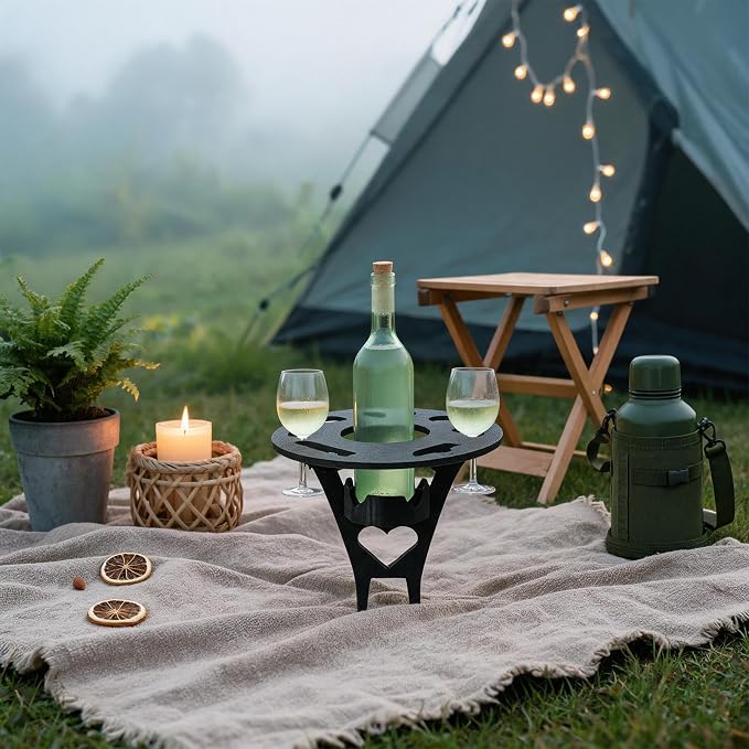 Foldable Wine Table Outdoor, Portable Mini Wooden Picnic Table Wine Glass Holder for Beach BBQ Camping Yard Lawn Party