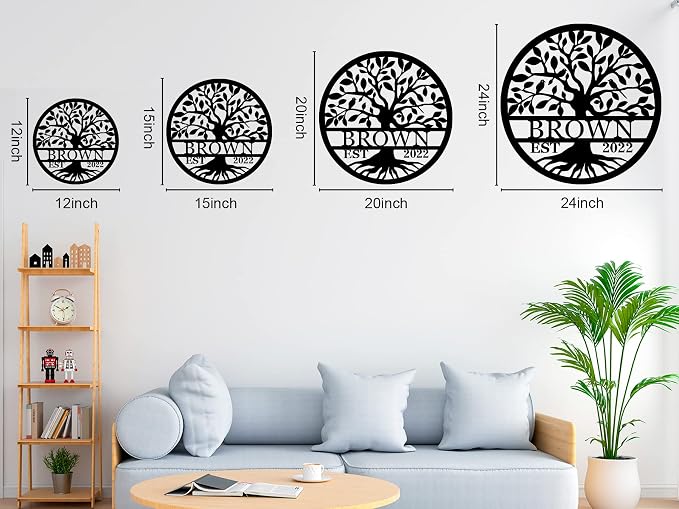 Personalized Family Tree Sign Custom Last Name Metal Wall Decor, Family Name Monogram Sign with Established Year, Tree of Life Home Decor, Rustic Farmhouse Outdoor Garden Decoration, Wedding Gift, Housewarming Gift for Family