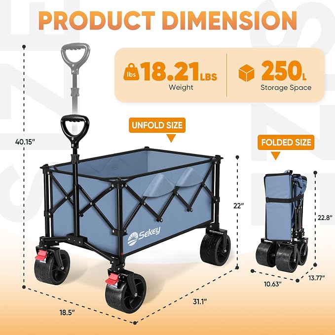 Sekey 250L Wagons Carts Foldable with Big All-Terrian Beach Wheels, Collapsible Heavy Duty Wagon, Extra Large Folding Wagon,Foldable Wagon for Camping, Garden, Sports. Blue