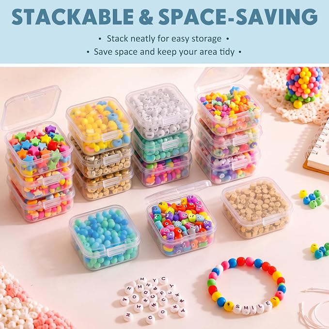 SATINIOR 300 Pcs Clear Plastic Beads Storage Containers Box Small Clear Boxes with Hinged Lid Plastic Case Mini Square Arts Crafts Storage Organizers for Small Items (1.7 × 1.7 × 0.8 Inch)
