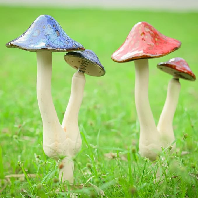 Mushroom Yard Decor - 2pcs Ceramic Mushroom Statue for Garden, Fairy Garden Stakes Ceramic Lawn Ornament Decor Plants Stake
