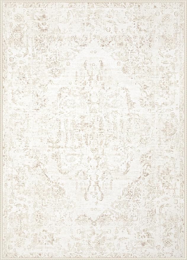 6x9 Area Rugs for Living Room: Washable Rug Vintage Large Rugs Soft Non Slip Low Pile Rug Floral Distressed Floor Carpet for Bedroom Kitchen Nursery Dining Room Home Office (Beige, 6'x9')