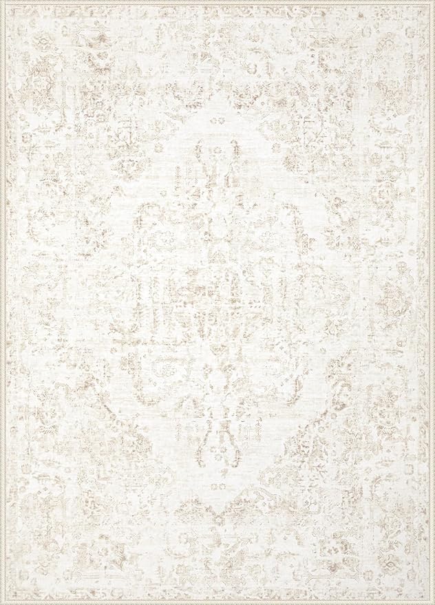 8x10 Area Rugs for Living Room: Washable Rug Vintage Large Rugs Soft Non Slip Low Pile Rug Floral Distressed Floor Carpet for Bedroom Kitchen Nursery Dining Room Home Office (Beige, 8'x10')