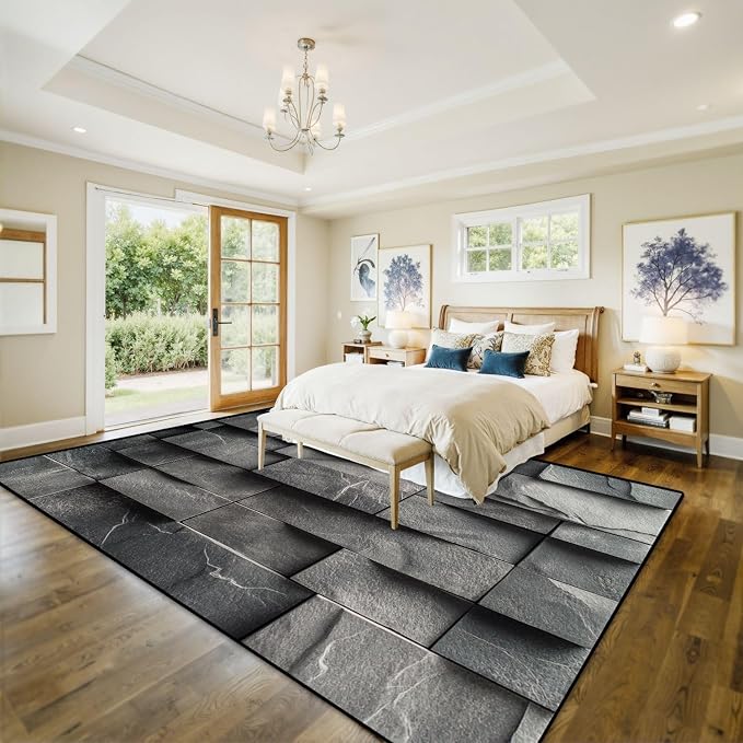 10x14 Area Rugs for Living Room Stone Tiles Layered Blocks Rectangular Forms Subtle Cracks Matte Washable Large Area Rug for Bedroom Non Slip Outdoor Carpets Soft Mats Kitchen Home Office Decor