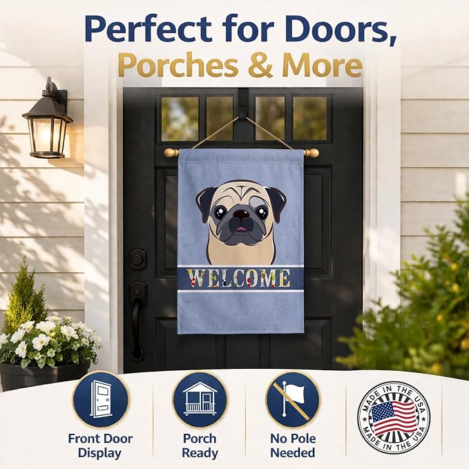 Caroline's Treasures BB1448CHF Fawn Pug Welcome House Flag, Blue Large Porch Sleeve Pole Decorative Outside Yard Banner Artwork Wall Hanging, Polyester, House Size, Multicolor