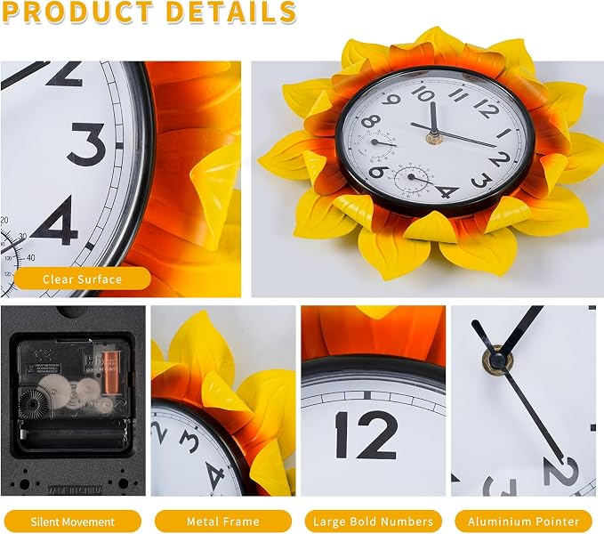 3D Metal Sunflower Wall-Mounted Outdoor Clock Thermometer and Hygrometer Combo,11 Inch Wall Clock Waterproof Quartz Clock Silent No-Ticking for Patio,Kitchen, Living Room,bedrooms,Garden