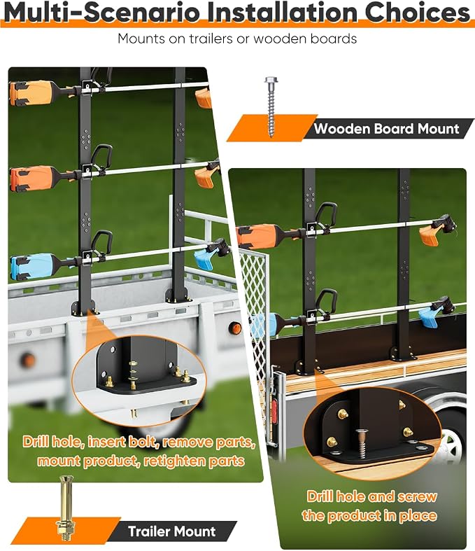 Mondazie 3 Place Weed Eater Rack for Trailer, Utility Open Trailer Trimmer Racks with Lockable Snap Buckle Mount On Landscape Truck Trailer, Weedeater Rack Holder with L-Shaped Base for Lawn Equipment