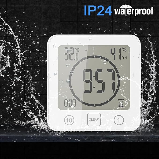 Digital Bathroom Shower Wall Clock Timer, LCD Digital Wall Clock with Suction Waterproof Temperature Humidity Gauge, Touch Screen Timer, Large Countdown Visual Timers Hanging Wall Clock (White)