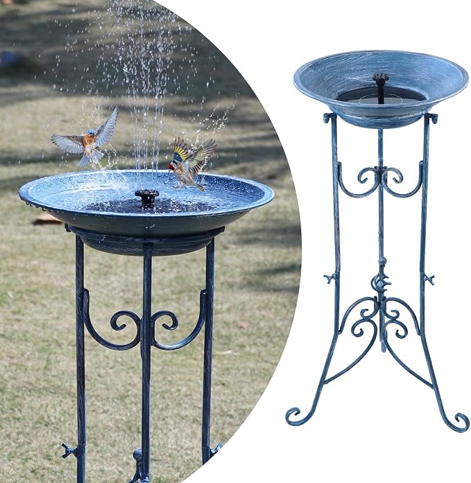 Multifunctional Solar Bird Bath for Outside, Metal Birdbath Stand and Solar Fountain Bird Bath Bubbler Combo Set, Solar Birdbaths for Outdoors Garden Lawn Yard Decor(Blue)