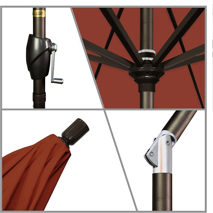 California Umbrella 9' Round Aluminum Market Umbrella, Crank Lift, Push Button Tilt, Bronze Pole