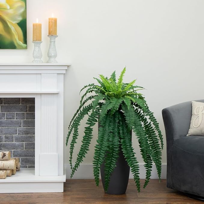 Nearly Natural 40in Boston Fern Artificial Plant, Large Hanging Fake Plant with 50 Long Realistic Fronds, Maintenance-Free Faux Fern for Office and Home Decor