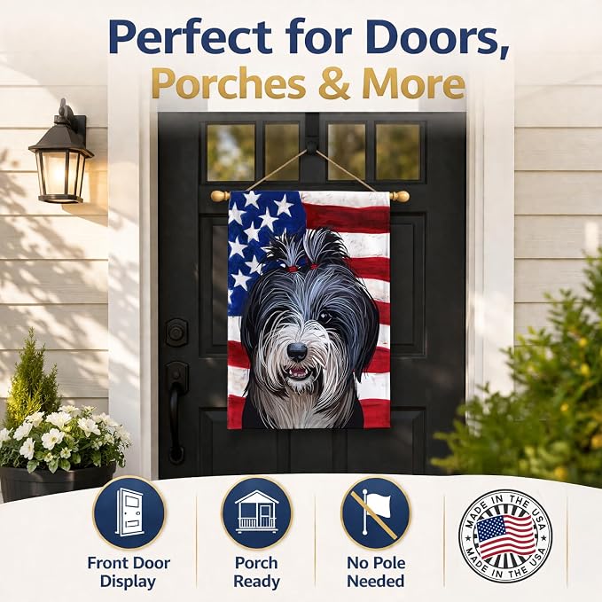 Caroline's Treasures CK6740CHF Tibetan Terrier American Flag House Flag Large Porch Sleeve Pole Decorative Outside Yard Banner Artwork Wall Hanging, Polyester, House Size, Multicolor