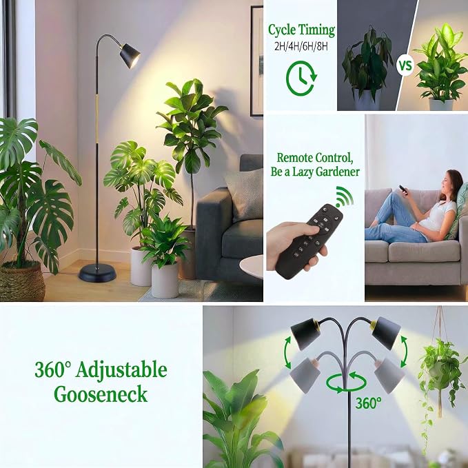 Floor Lamp Grow Light, 66" Adjustable Gooseneck Plant Light for Indoor Plants with Remote, Dimmable Full Spectrum, Timer, Color Temp & Gentle Mode, Weighted Base for Home Office Gardening