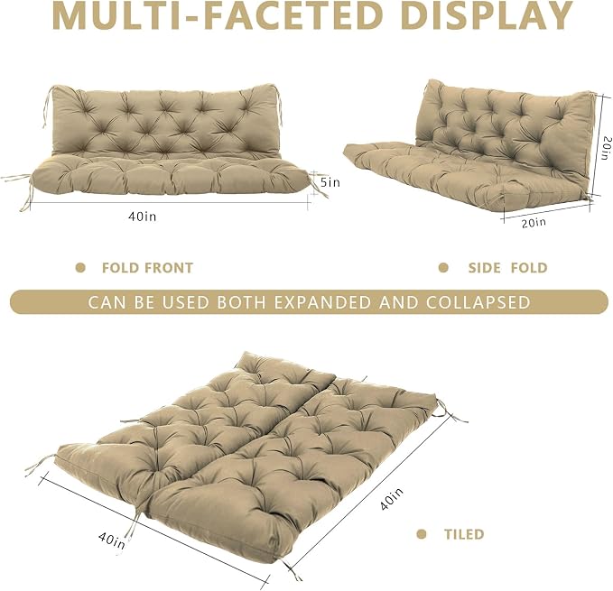 Porch Swing Cushions Waterproof Khaki Outdoor Swing Cushions 2-3 Seater Thicken 5" Patio Swing Cushion with Backrest 40 ×40" Swing Replacement Cushion for Outdoor Furniture
