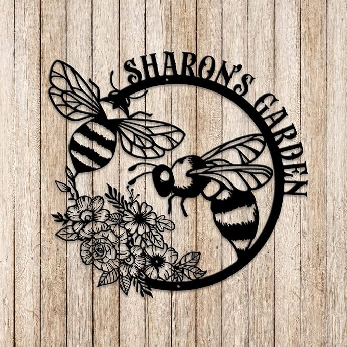 MeMate Bee Garden Sign, Metal Garden Signs to Personalize, Personalized Metal Signs, 8" - 24" Large Sign for Vegetable Garden Flowers She Shed Mom Grandma, Customized Name Wall Art for Outdoor Décor