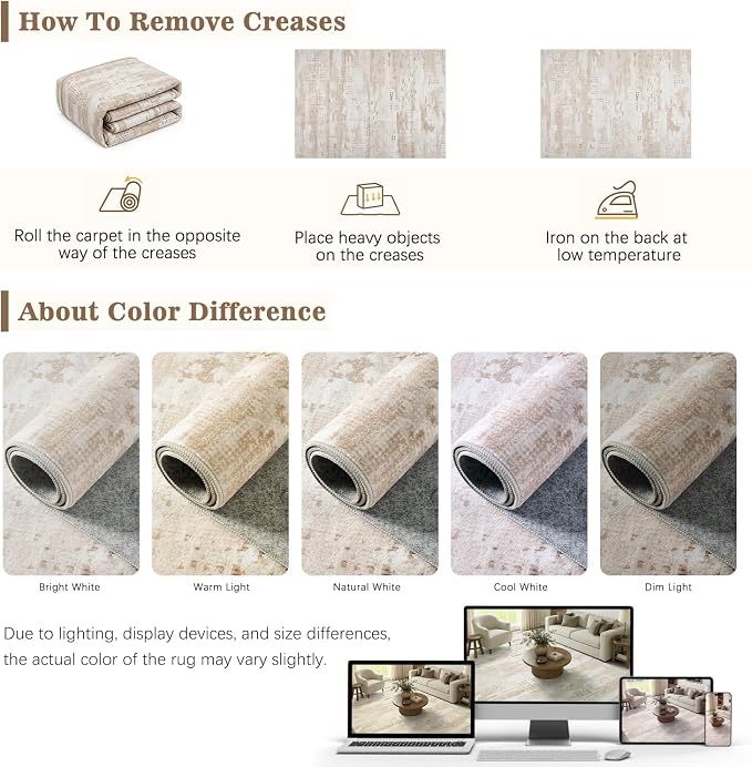 DCX Abstract Washable 8x10 Rug, Non Slip Low Pile Rug, Beige | Easy to clean, non-shedding, soft, kid & pet friendly, with a non-slip rubber backing for living rooms, bedrooms, and offices