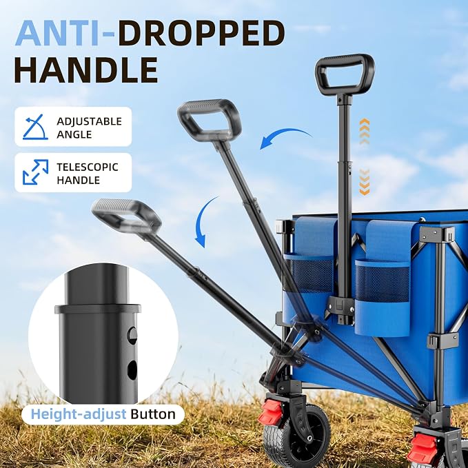 220L Collapsible Wagon Cart, 39" L Extended Frame and 440Lbs Heavy Duty, Lightweight 15lbs Folding Garden Cart with Silent All-Terrain Wheels for Beach, Camping Grass and Grocery, Blue