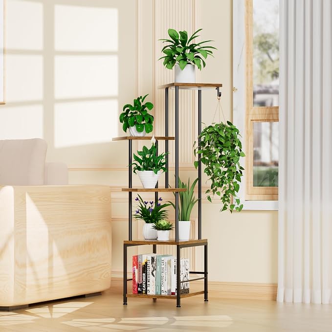 Homsorout Plant Stand Indoor with Grow Light - 5-Tier Metal Plant Shelf with Hanging Basket Hook, Corner Tall Flower Holder for Multiple Plants, Living Room Balcony Garden Patio, Rustic Brown