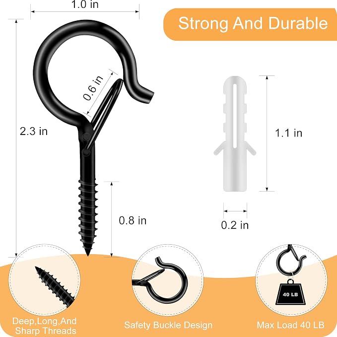 Black Screw Hooks with Safety Lock - 2.3" Rustproof Metal Ceiling Hooks for Hanging Plants, Baskets,String Lights & Outdoor Decor, 40LB Capacity (20 Pack,Includes Storage Case & Plastic Caps)