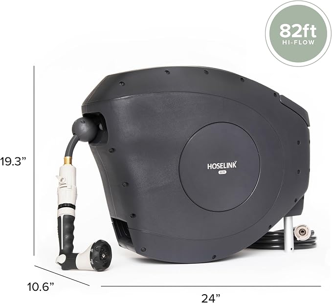 HOSELINK Classic Charcoal 82ft Hi-Flow Automatic Retractable Hi-Flow Garden Hose Reel, 9/16”, UV-Stabilized Kink-Free Hose, Wall Mounted Complete Watering Solution for Backyard, Garden & Outdoor