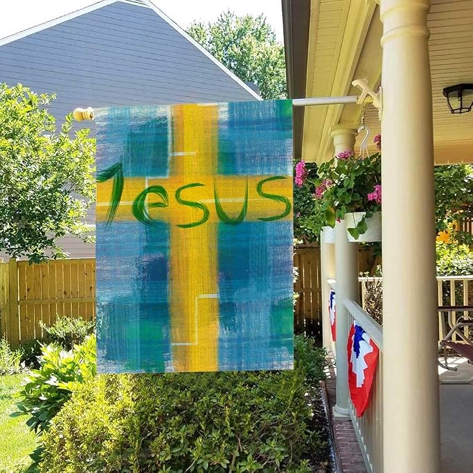 EMMTEEY Easter Outdoor Garden Flag Double Sided 28X40 Inch Yard Decor Garden Flags Jesus Lettering Design Housewarming Modern Blue Yellow Garden Yard Flag