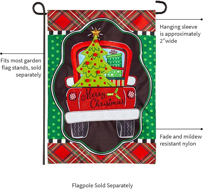 Evergreen Flag Patterned Christmas Truck Applique Garden Flag | 12x18 Inches Double Sided Christmas Garden Flag for Outside | Weather and Fade Resistant | Outdoor Flag Décor for Home, Yards and