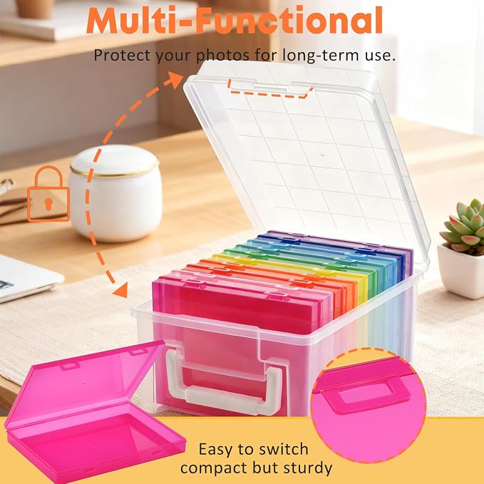 NINU Photo Storage Box 5 x 7 In Photo Case, 10 Inner Large Photo Keeper, Color Photo Storage Container, Seed Craft Cards Pictures Organizer, Plastic Office Organizer with 1 Label Sticker