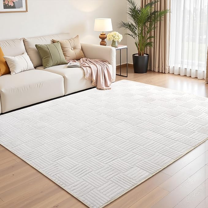 3x5 White Washable Shag Area Rug for Girls Bedroom, Modern Geometric Non Slip Living Room Rugs, Soft Carpet for Kids Room, Dorm, Office, Bedside, Entryway and Home Decor