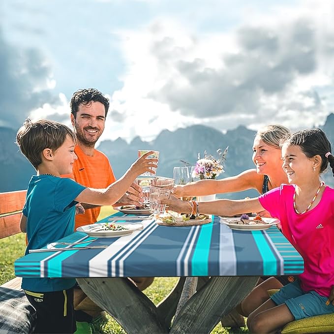 Picnic Table Cover with Bench Covers Elastic Edges, Blue Grey Tripes Camper Fitted Table Cover, Outdoor Patio Camping Essentials 72 Inch 3PCS, Waterproof Camping Fitted Tablecloth with Drawstring Bag