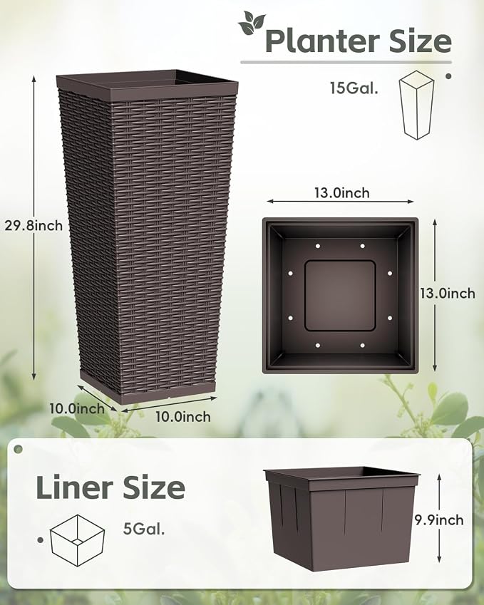 Greesum 30 Inch Tall Plastic Planters (Set of 2), Extra Large Outdoor Flower Pots with Detachable Inner Pot & Drainage Holes for Large Plants, Trees, Patio, and Garden, Brown