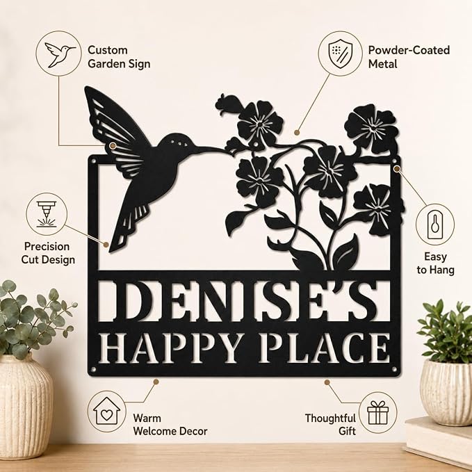 Personalized Garden Sign with Stake, Custom Metal Garden Name Sign for Outside, Hummingbird Flower Yard Decor, Outdoor Garden Stake Sign, Gifts for Gardeners, Mom, Grandma, Housewarming Gift