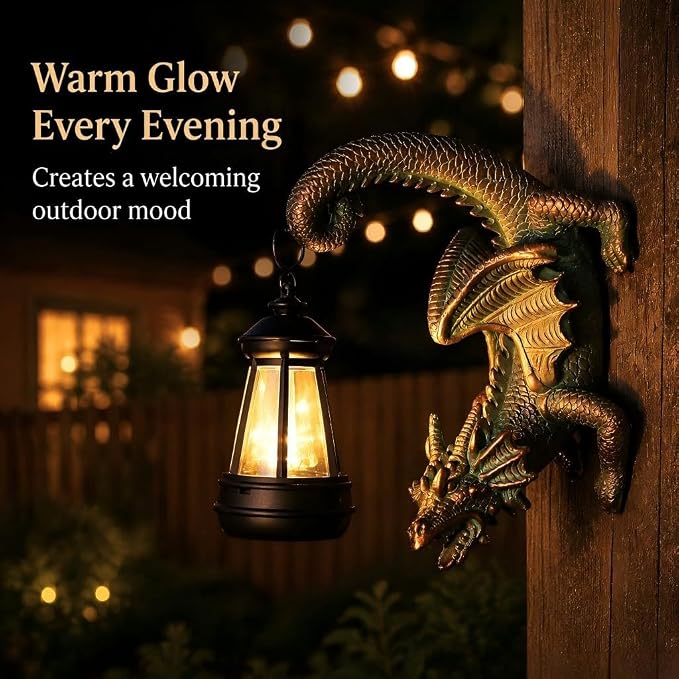 Solar Dragon Tree Hugger Statue Wall Decor - Whimsical Garden Statue with Solar Lantern, Outdoor&Yard Decor, Fantasy Dragon Figurine for Trees, Walls, or Fences - Unique Gifts for Women & Men