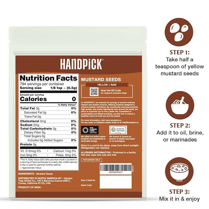 HANDPICK Yellow Mustard Seed (397g/14oz) Non GMO, Gluten Free, 100% Raw, Sourced from India, For Cooking, Pickles, Packed in Resealable Ziplock Pouch