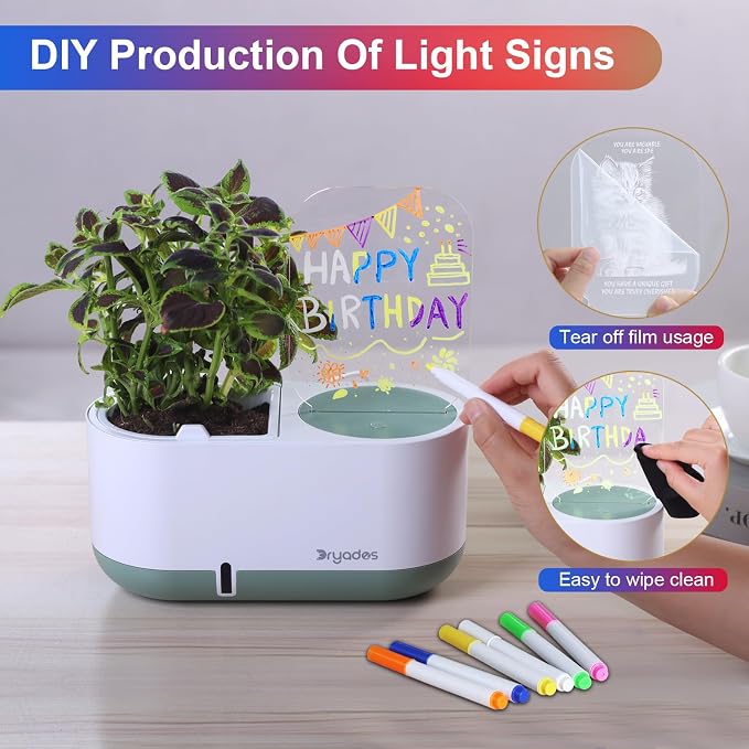 Self-Watering Planter with LED Note Board & 7 Colors Pen Acrylic Message Board with Light Acrylic Dry Erase Board, Led Cat Board Night Light with Planting Pot for Children's Day Gifts(No Plant&Seed)