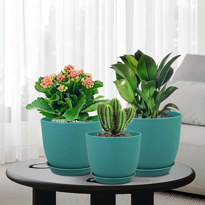 WSMKSZ 9/8/7.5 inch Flower Pots, 3 Pack Modern Plastic Planters with Drainage Holes and Trays for House Plants, Plant Pots for Indoor Outdoor Plants, Blue Green