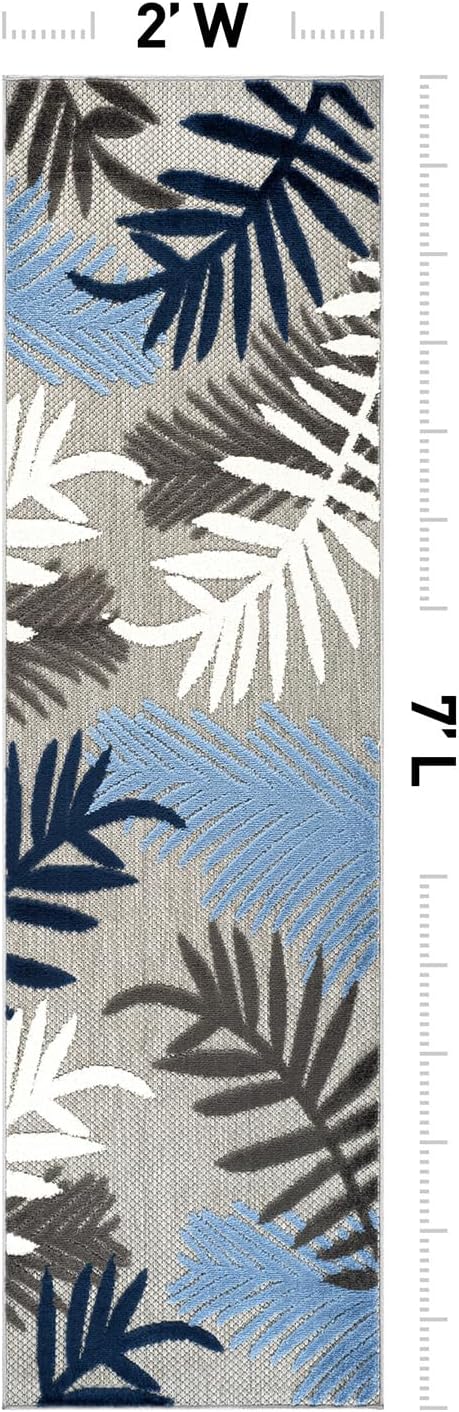 Rugshop Evora Palm Frond Non-Shedding Patio Deck Backyard Hallway Indoor/Outdoor Runner Rug 2' x 7' Blue
